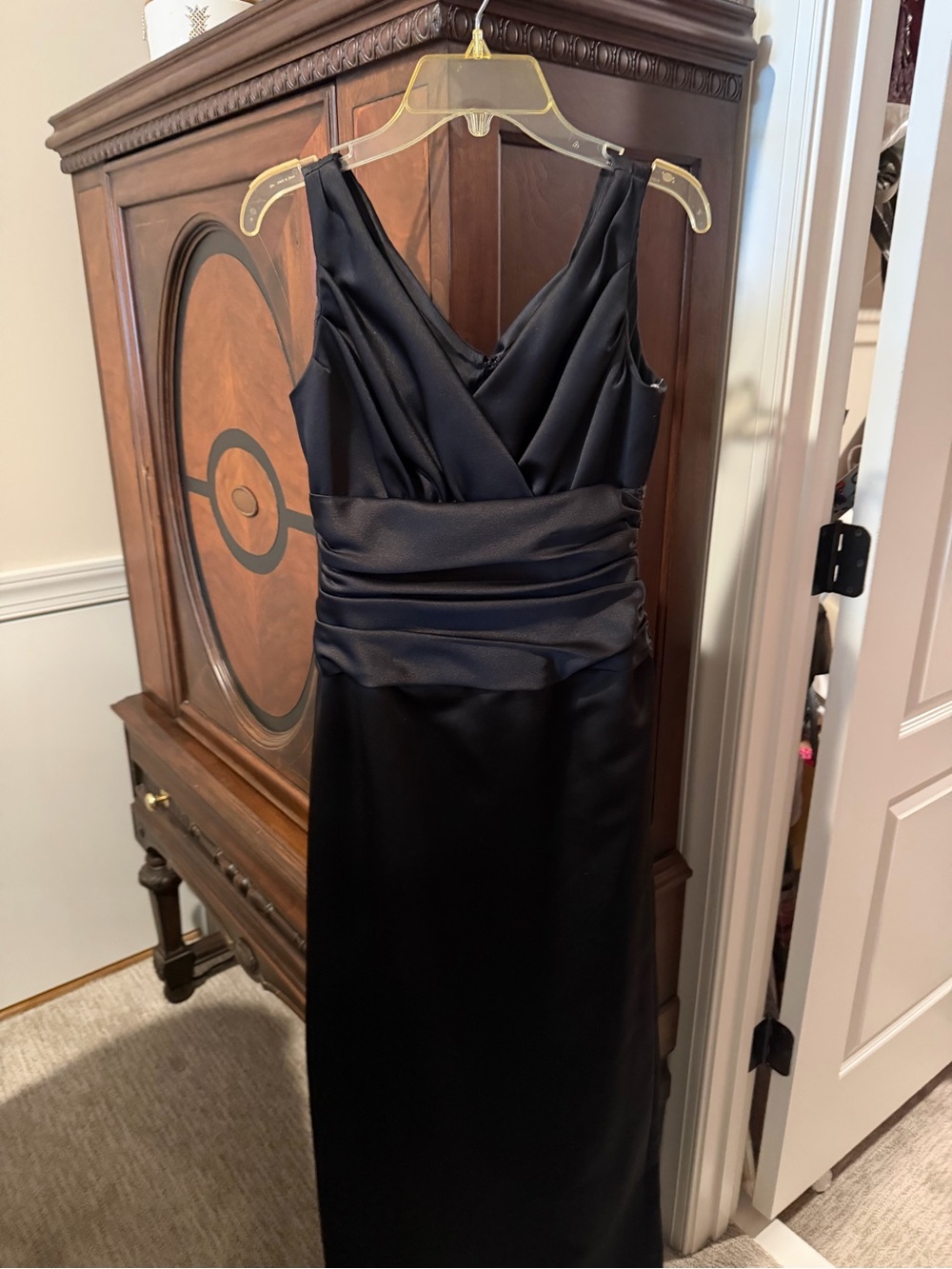 David's Bridal Black Satin V-Neck Prom Dress